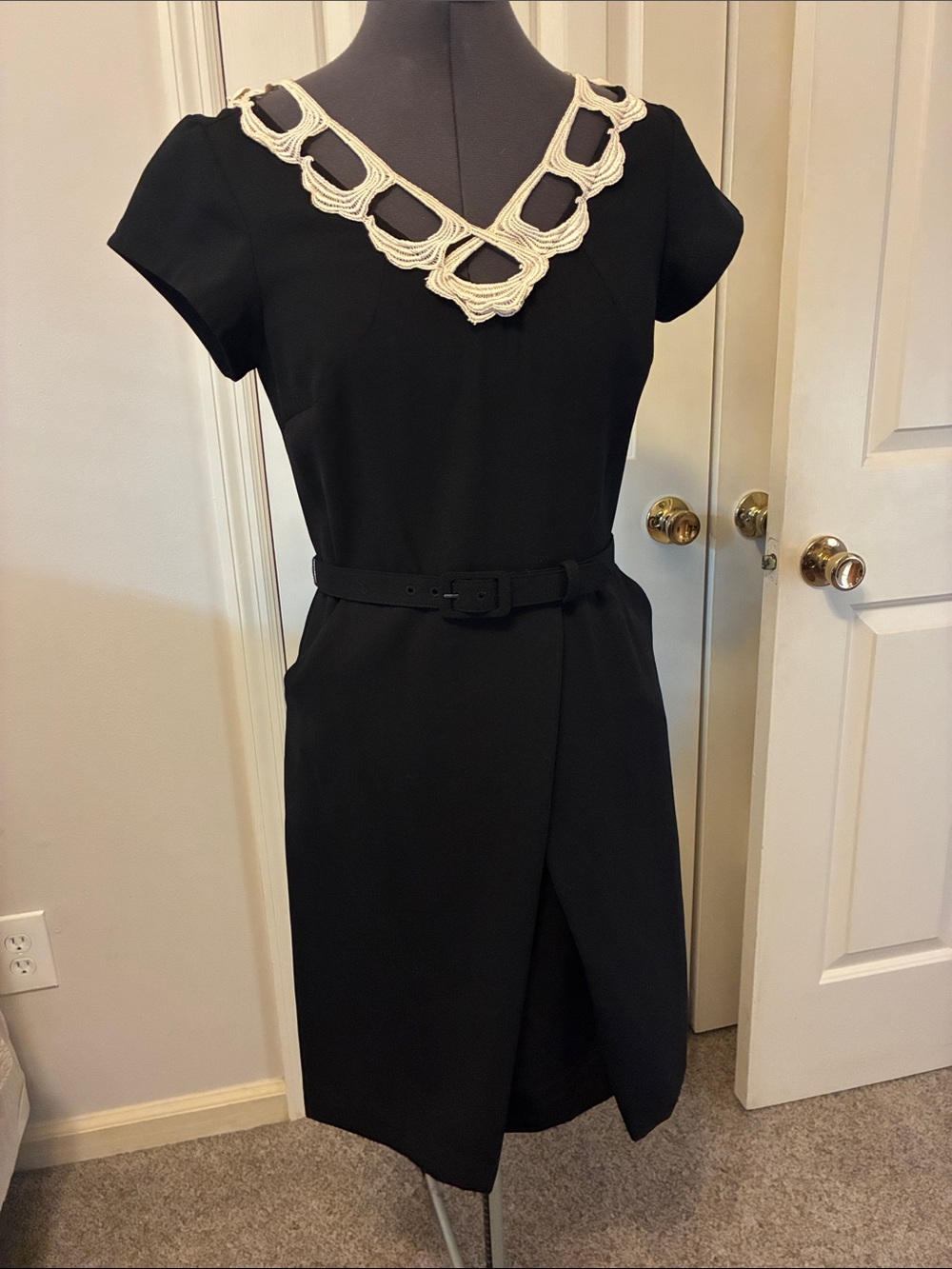 Black Midi Dress with Cream Crochet Neckline